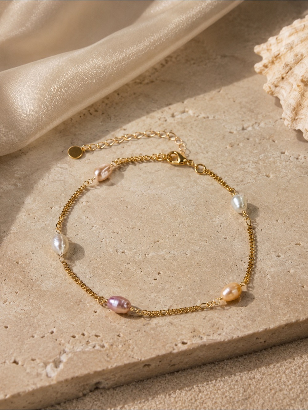 18K Gold Freshwater Pearl Stations Ankle Bracelet - Multicolor